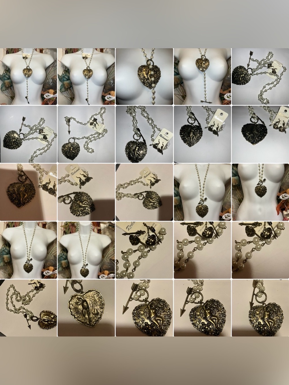 33”CUPID Heart Pendant &EARRINGS SET Pearl Bead Necklace vintage NEW Goldenbrass